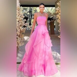 Pink Strapless Prom Dresses Long Lace up Back Tulle Tube Ruffle sz 6